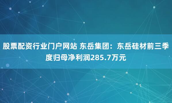 股票配资行业门户网站 东岳集团:东岳硅材前三季度归母净利润285.7万元